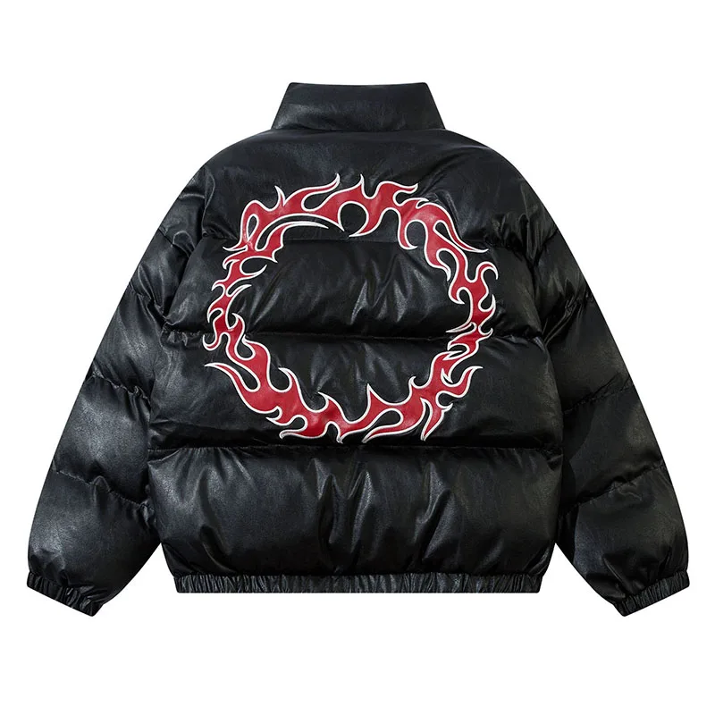 Hip Hop Fire Embroidery Casual Jackets Parka Harakuju Leather Bubble Coat Streetwear For Male Black