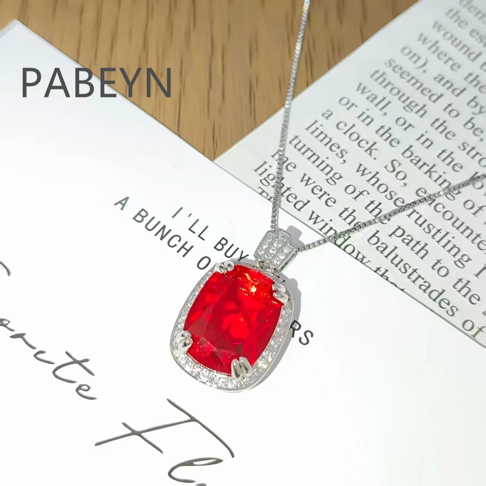 925 Sterling Silver Stylish Vintage Red Square Crystal Zircon Necklace, Wedding Anniversary Party Gift, Ladies Elegant Jewelry