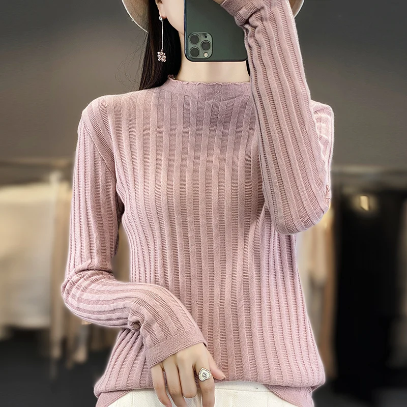 

Women Autumn Winter 100% Pure Cotton Soft Sweater Half-high Collar Vertical Stripe Pullover Female Casual Knitted Basis Top