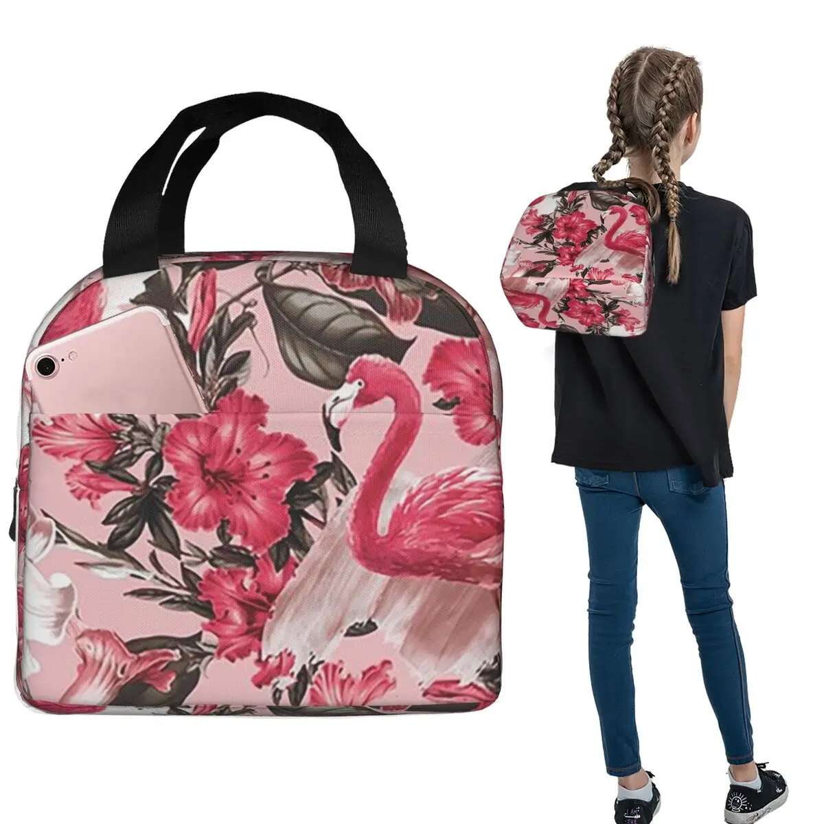 Flamingo And Floral Insulated Lunch Bag for Women Children Portable Food Boxes Thermal Lunch Box Tote