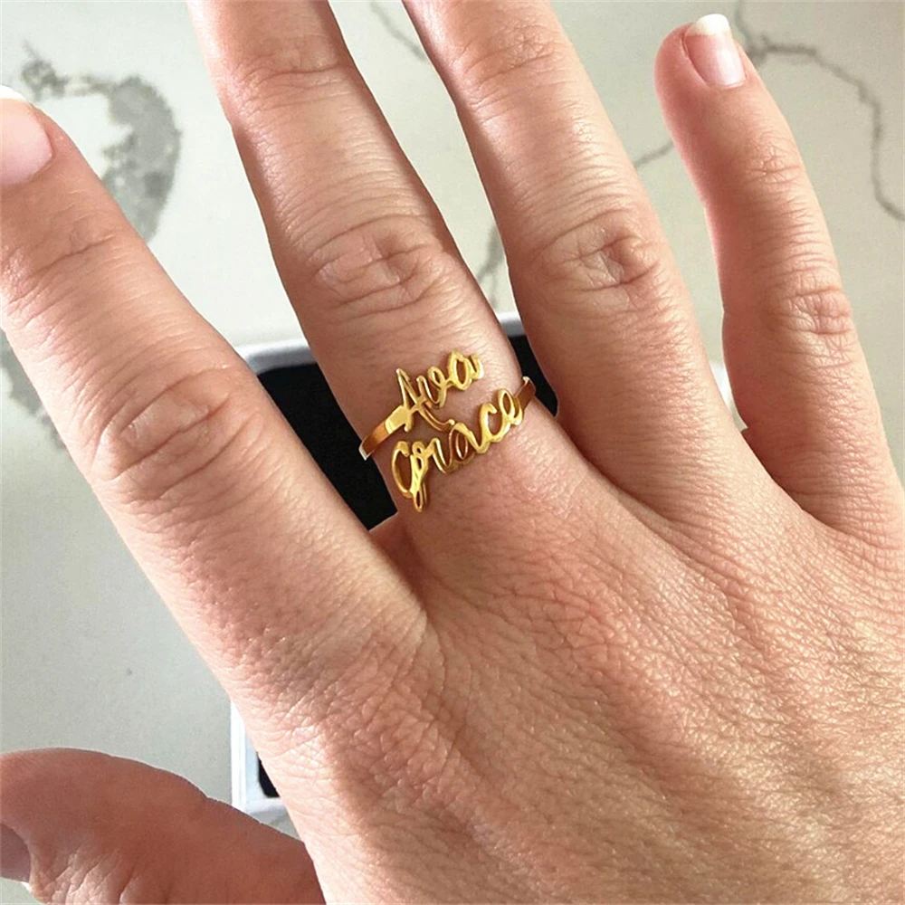 

Double Name Rings For Women Men Custom Two Name Ring Personalized Jewelry Bridesmaid Gift Adjustable Rose Gold Anillos Mujer