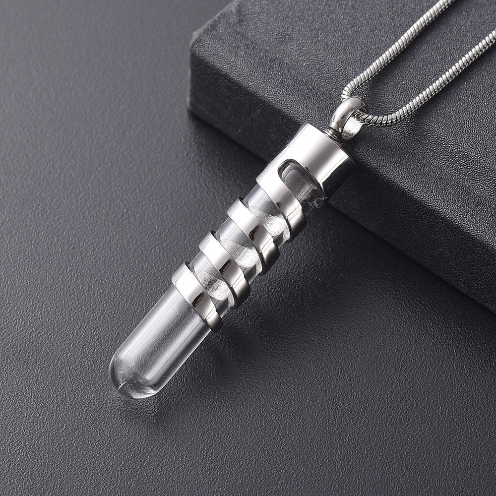 Cremation Urn Necklace for Ashes Stainless Steel Glass Cylinder Urn Necklace Openable Vial Tube Container Memorial Locket view 4