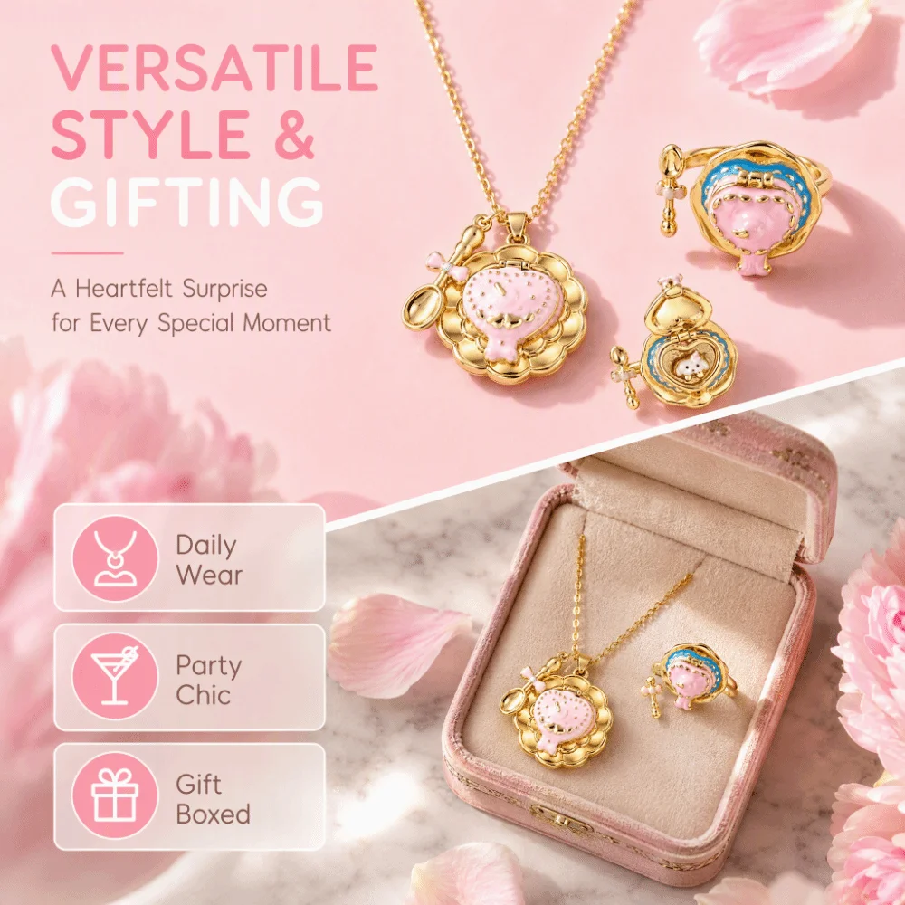 Openable Pendant Jewelry Set Delicate Craftsmanship Skin-Friendly Necklace Matching Outfits Fine Alloy Necklace Ring Daily Wear