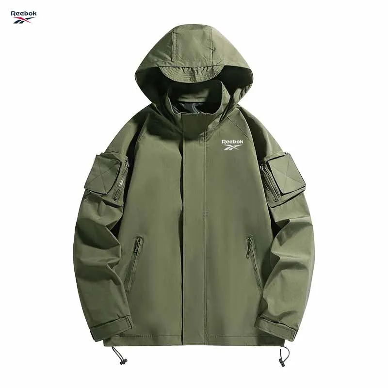 Reebok logo men's outdoor cycling hooded windproof jacket. Suitable for hiking and camping. Lightweight and suitable for spring