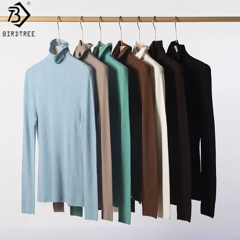 

Birdtree 100% Sheep Wool Solid Knitwear Sweater,Woman 48-needles Worsted Spinning Yangtze Yarn Pile Collar Autumn Shirt T59309JF