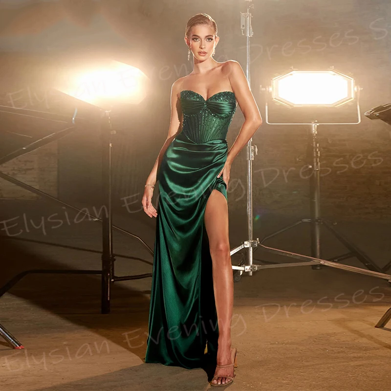 Classic Green Women's Mermaid Modern Evening Dresses Sweetheart Sleeveless Prom Gowns Sexy Side Split Beaded Vestido De Noche