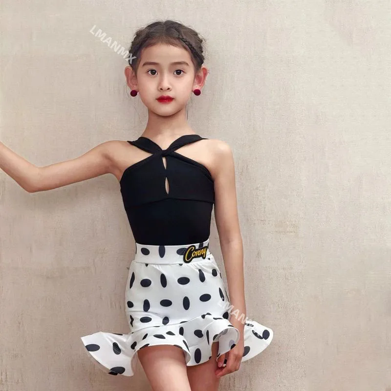 

Новый летний костюм для латинских танцев, женский повседневный тренировочный костюм, детская танцевальная юбка на половину тела, топ на бретелях