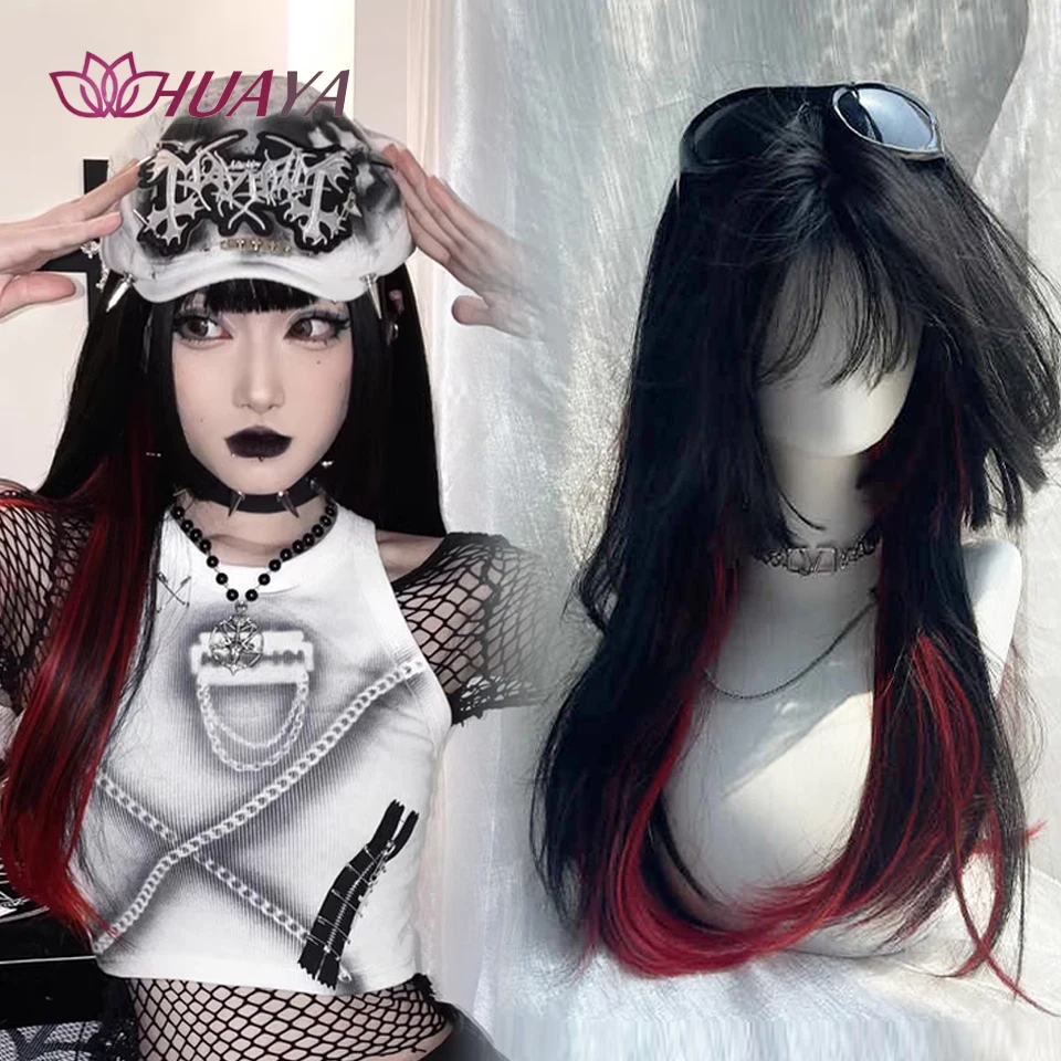 

Черный, красный, смешанный цвет, синтетические парики, длинные прямые многослойные парики для косплея с челкой для женщин, наряды на Хэллоуин, Лолита, искусственные волосы