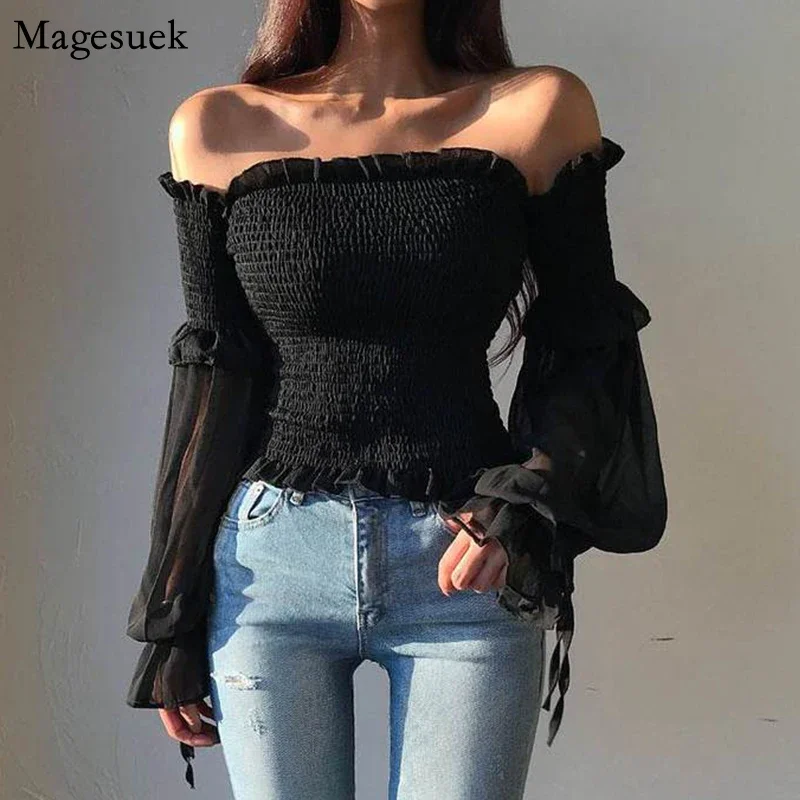 Summer Sexy Off Shoulder Blouse Women Puff Sleeve Pleated Lace Up Casual Shirt Spring Slim Solid Ladies Corset Tops Blouse 12813