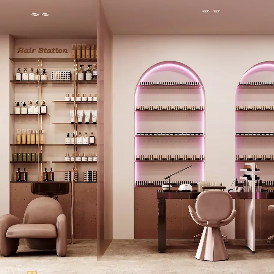 

Luxury Style Salon Store Pink Color Style Design Stone Top Counter Unique Style Salon Display Customize