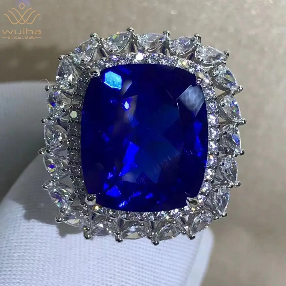 

WUIHA Real 925 Sterling Silver Cushion Cut 8CT Fancy Vivid Sapphire Created Moissanite Wedding Ring for Women Gift Drop Shipping