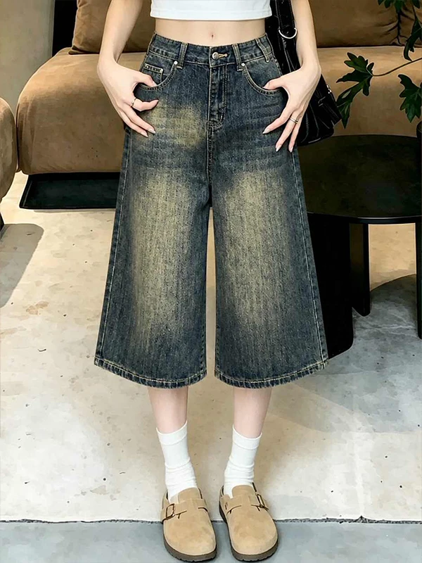 

American Retro Wide Leg Yellow Clay Seven-Foot Jeans Women's Summer High Waist Loose Slimming Faded Straight Tube Mid-Pants