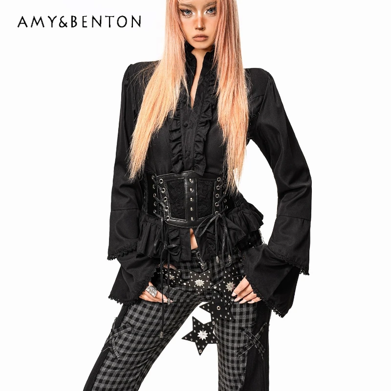 

Vintage Heavy Lace Waist-Cinching Women's Shirt 2025 Autumn New Black Palace Style Hot Girl Flared Sleeve Cardigan Shirts Ladies
