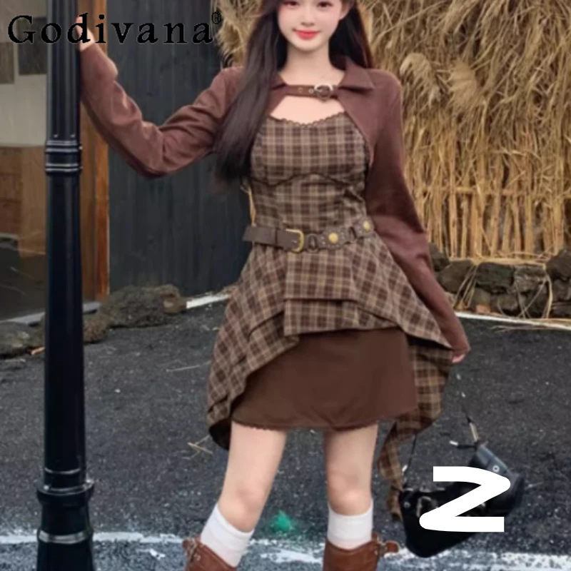 

Large Size Autumn Retro Plaid High Waist A-line Irregular Korean Suspender Dress Fashion Long Sleeve Short Coat Two-piece Set