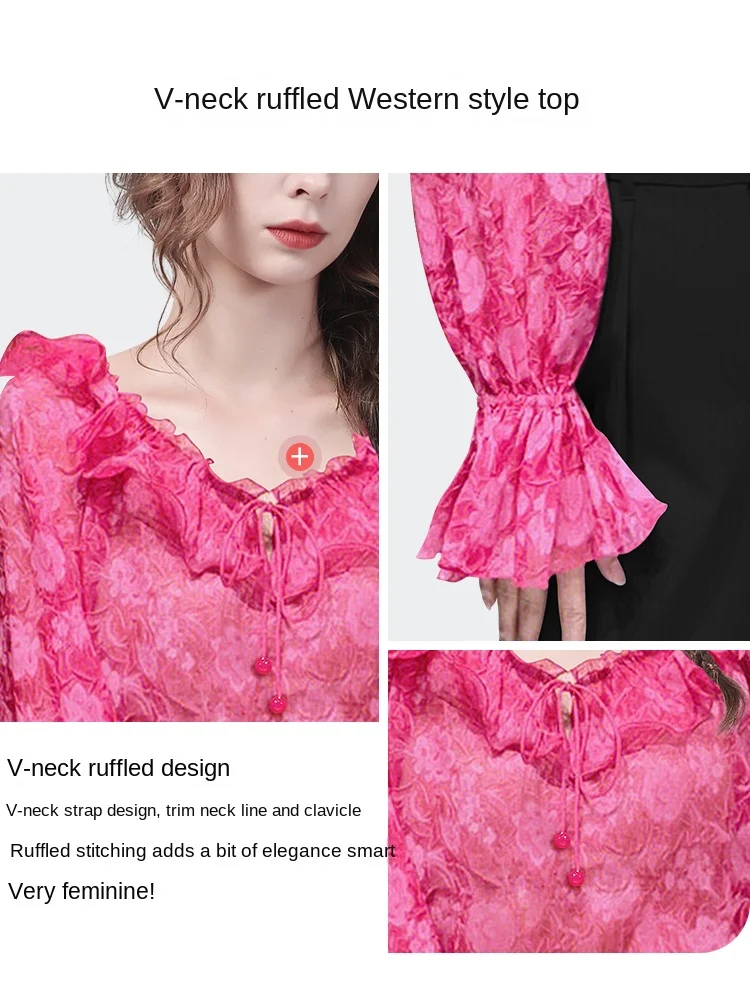 Cute Fashion Pink Floral Chiffon Top For Women Ruffle V-Neck Flared Sleeve Spring Summer Blouses Loose Casual Long Sleeve Shirt