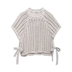 Women Fashion Beige Side Bow Lace Up Slit Knitted Pullover Sweater Vintage O-Neck Short Sleeves Female Chic Lady Tops