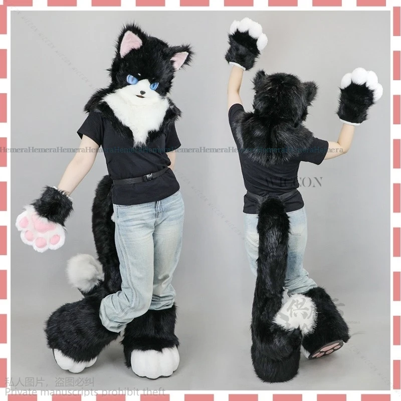 Anime Fursuit Furry Cosplay Fox Dog Wolf Animal Cat Paws Cos Plush Kig Cosplay Costume Nail Mask Tail Shoes For Halloween Party