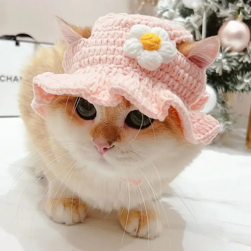 Gehäkelte Haustierhüte, Frosch, Erdbeere, Blume, elastisch, verstellbar, atmungsaktiv, für Katzen und Hunde, Party, Foto-Requisiten, Rollenspiel, Kostümdekoration