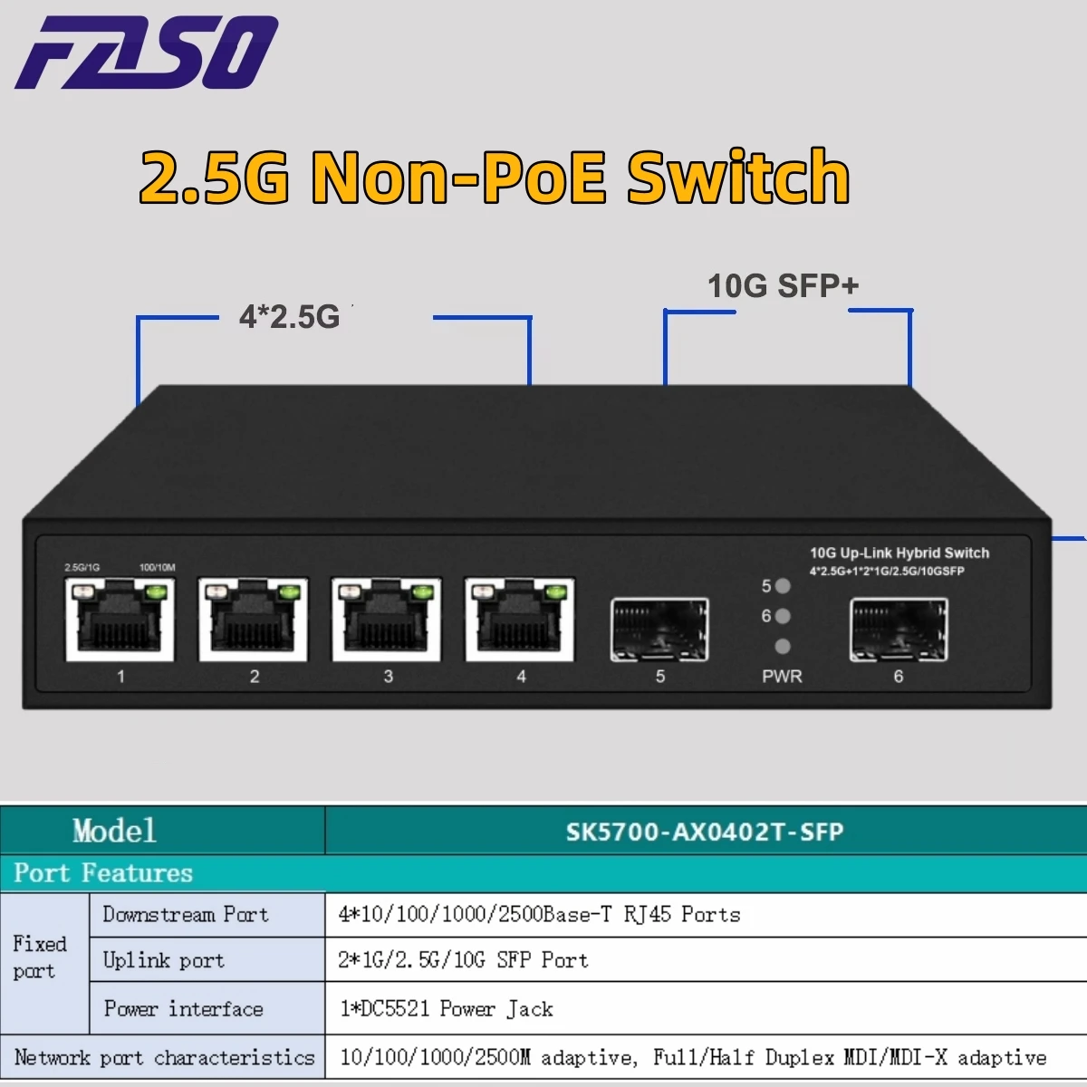 

2.5G 4 Port Ethernet Switch None POE Networck Switch Uplink 2*10G Port for IP Camera/Wireless AP
