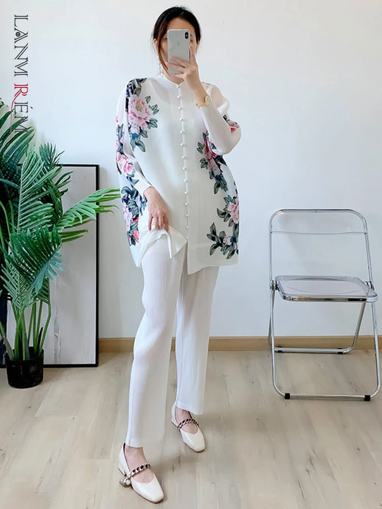 LANMREM Pleated Floral Print Set Women Single Breasted Long Sleeve O-neck Top Wide Leg Pants 2024 Summer Female Clothing 2I773