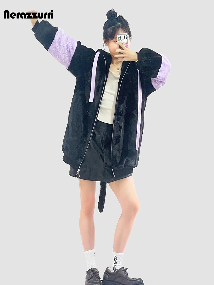 Nerazzurri Winter Purple and Black Patchwork Faux Fur Coat Women  with Bunny Ears Thick Warm Soft Sweet Cute Fluffy Jacket 2023