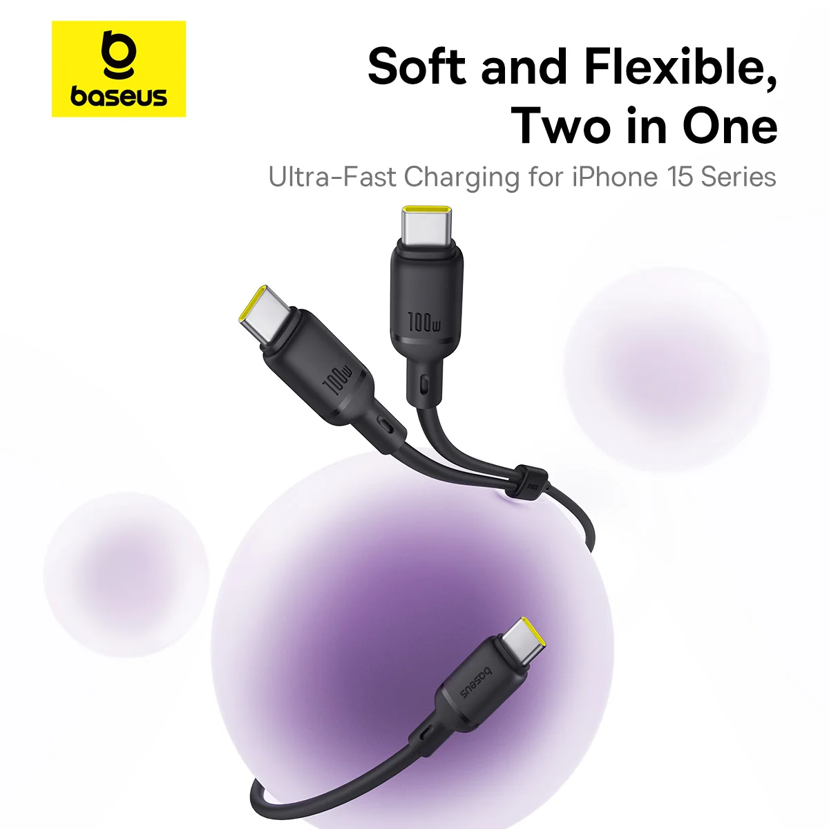 Basues 2 in 1 USB Cable Type C For Xiaomi Samaung Huawei PD 100W Fast Charging Charger Cable Wire For iphone 16 15 14 Pro Max