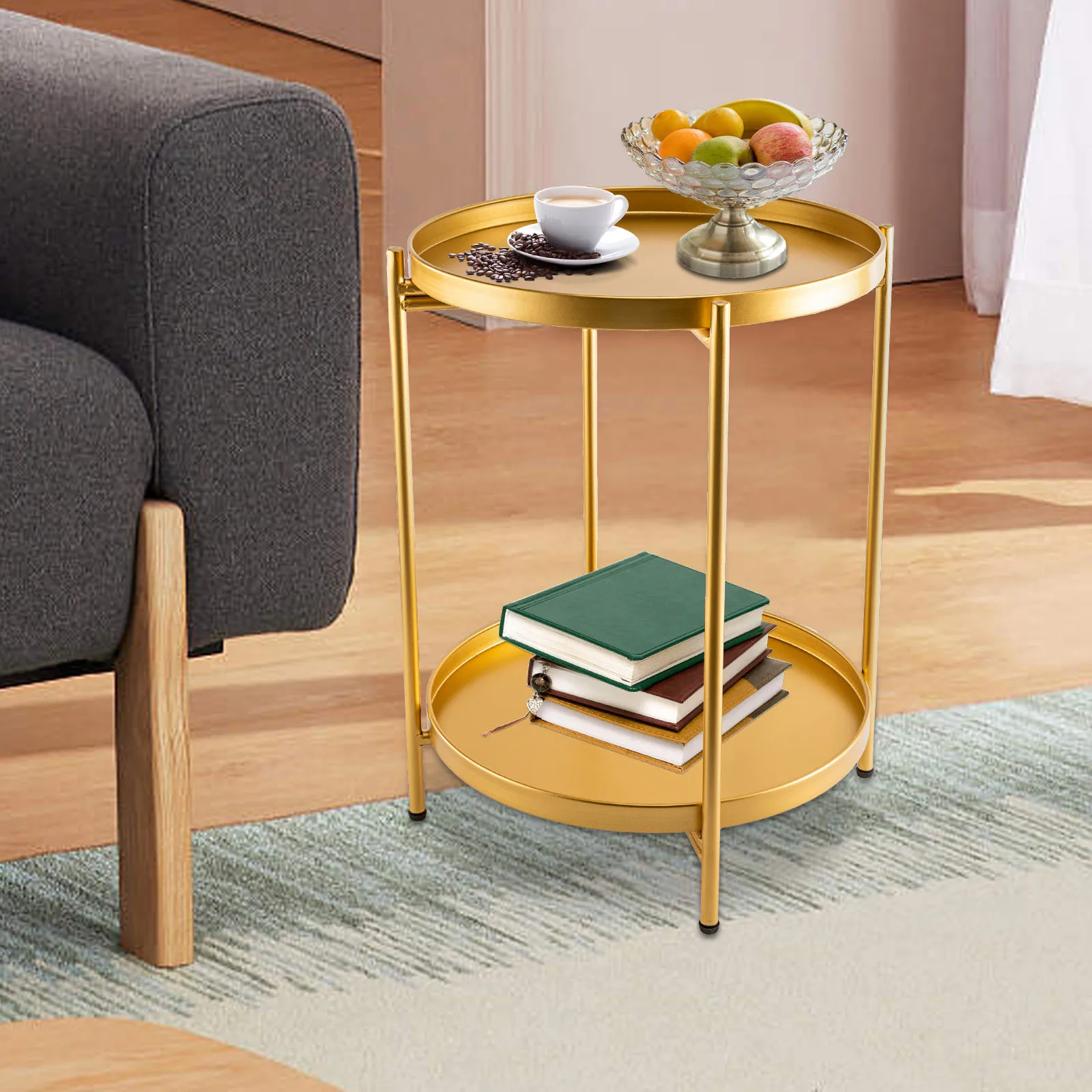 2-stufiger Metall-Beistell tisch, runder Beistell tisch mit abnehmbarem Tablett, Nachttisch für Schlafzimmer Balkon Terrasse Wohnzimmer