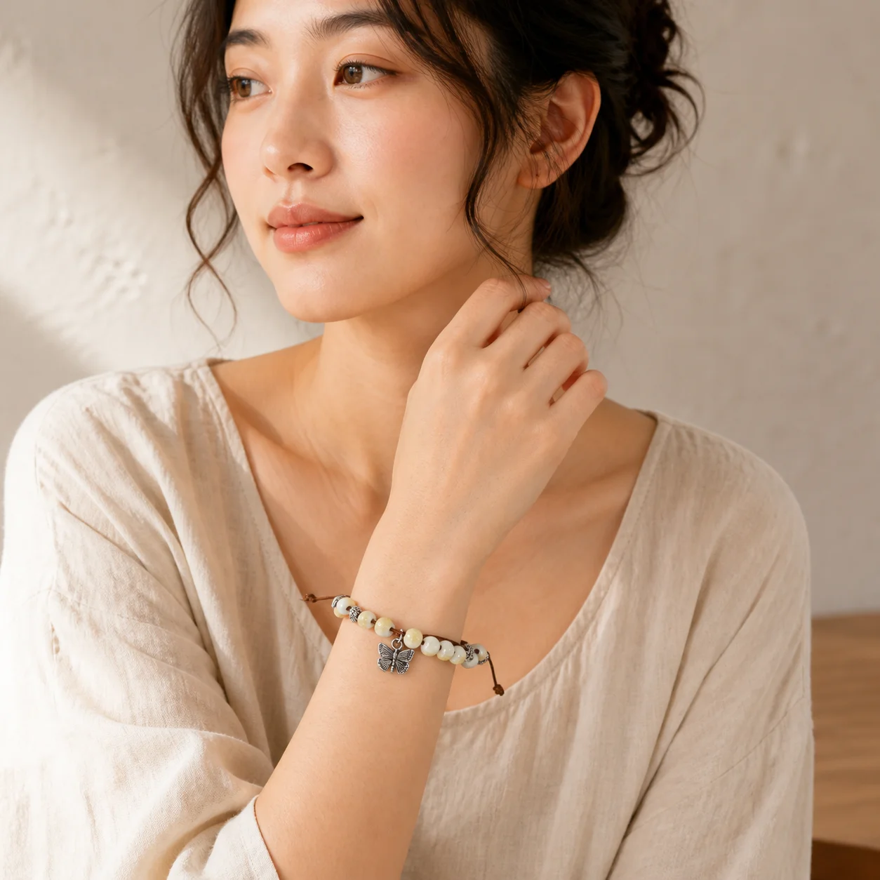 Pale Yellow Crackle Ceramic Butterfly Bracelet Handwoven Wax Cord Adjustable Metal Accent Handmade Jewelry 608P6-03