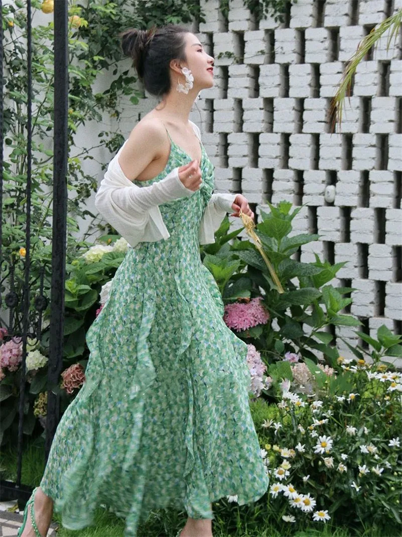 New Women Summer Chiffon V-Neck Ruffles Green Fresh Print Long Dress Elegant Temperament Thin Slim Mori Girl Style Vestidos