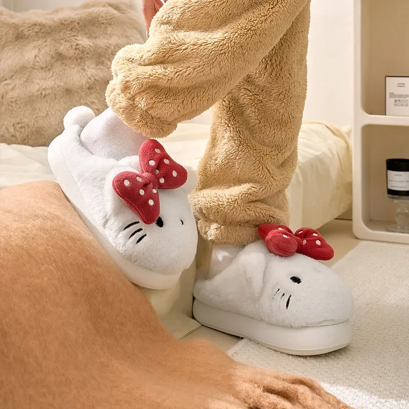 Kitty Big Head Cotton Slippers  Thick Warm Non-slip Outside Wear Thick Sole Half Drag Home Cotton Shoes