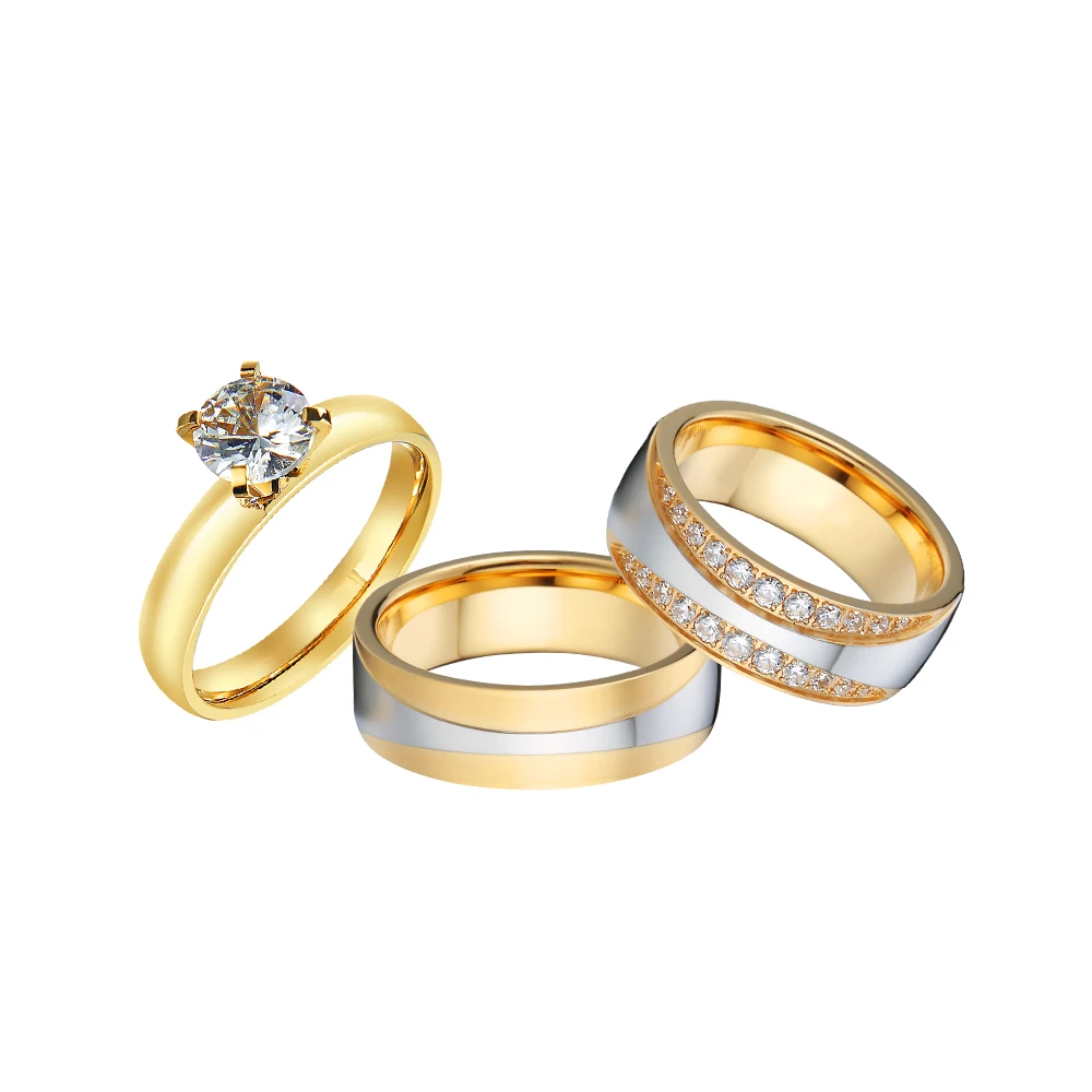 Türkischer Modeschmuck, 3-teilig, Hochzeit, Verlobungsringe, Sets für Paare, 18 Karat vergoldet, Modeschmuck, Ring mit CZ-Diamant