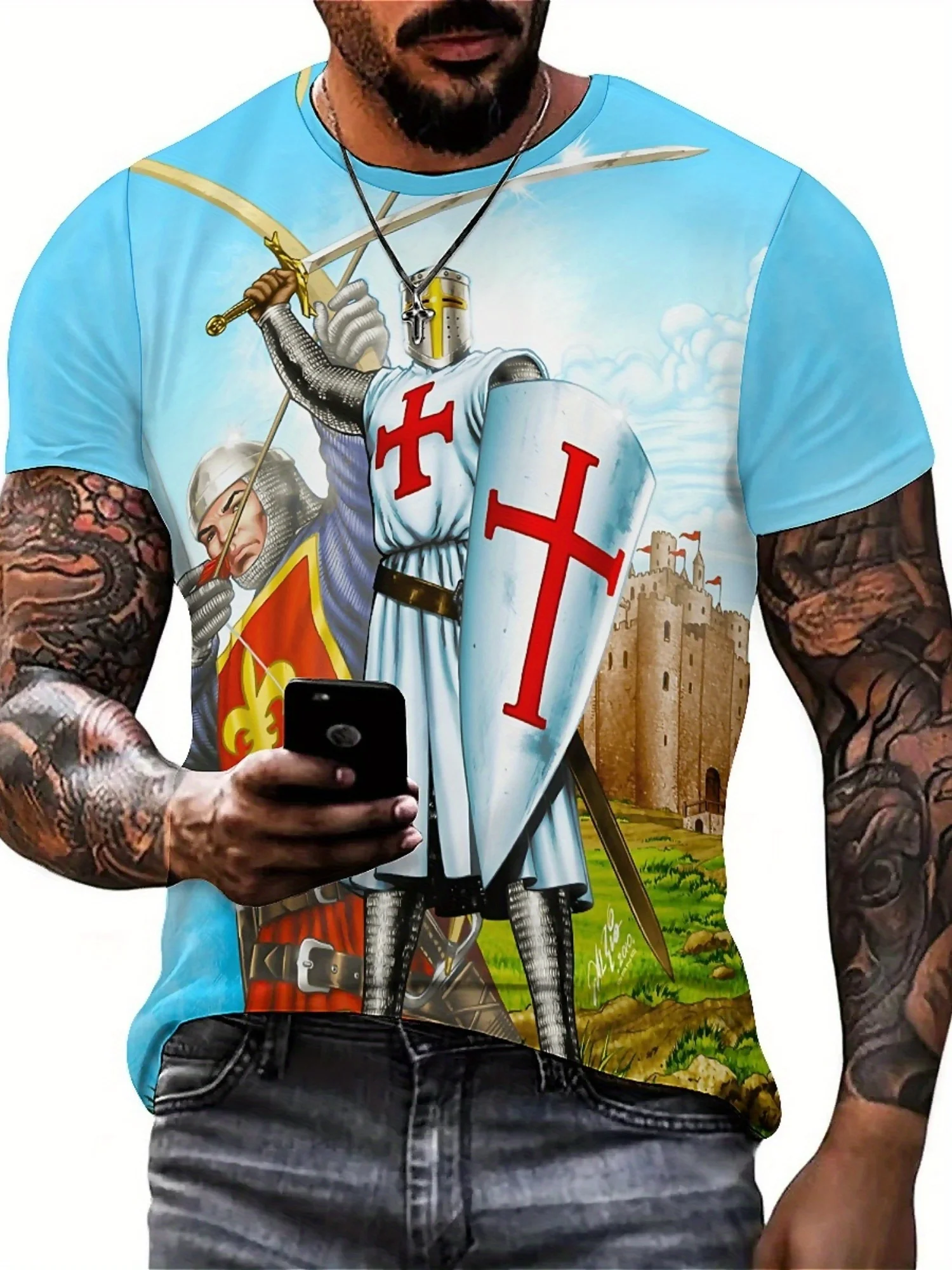 تي شيرت رجالي بتصميم فارس للزوجين مطبوع ثلاثي الأبعاد لكامل الجسم - قماش خفيف الوزن وجيد التهوية لصالة الألعاب الرياضية والجري