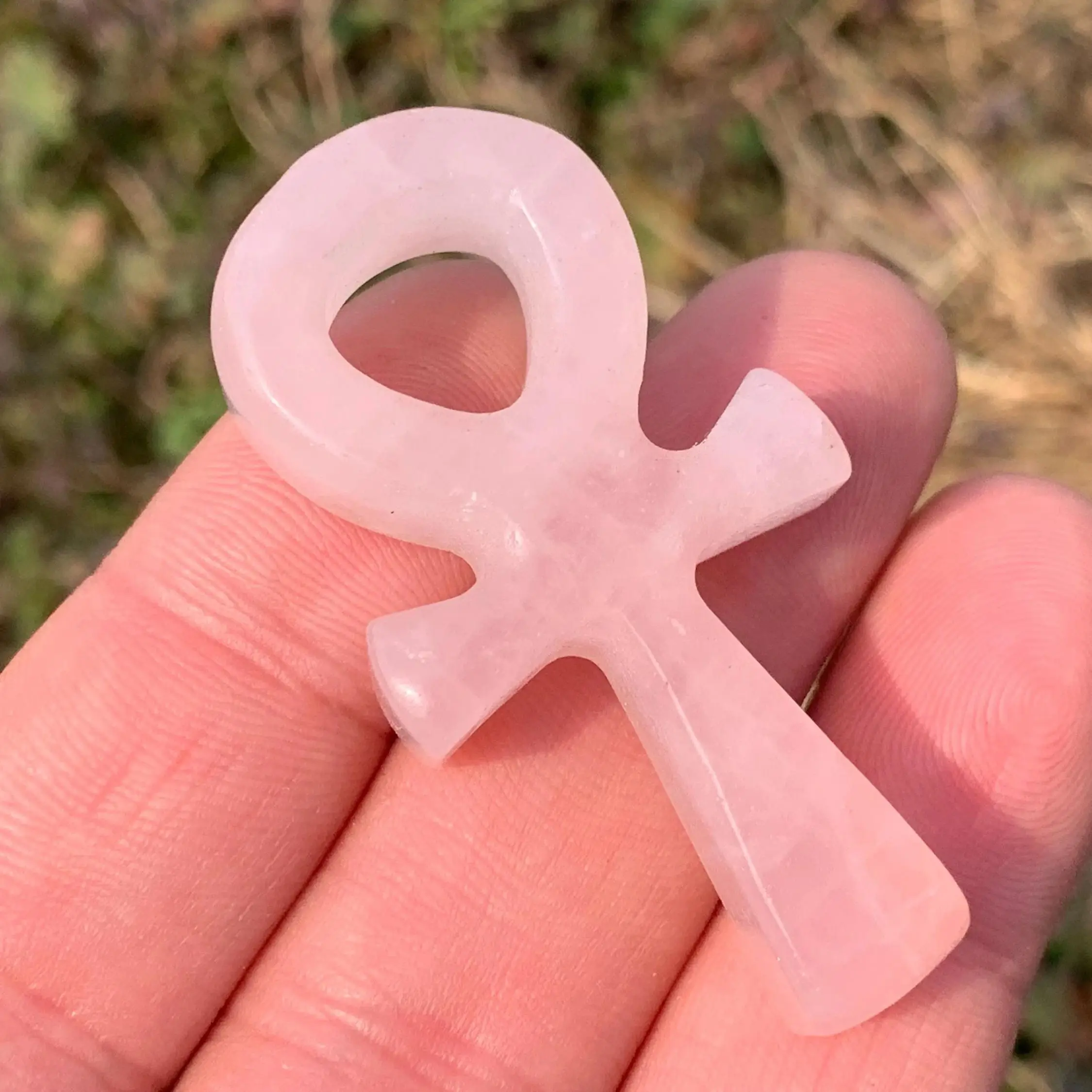 Natural Rose Quartz Crystal Ankh, Polished Egypt Symbol Ornament, Healing Energy Stone Home Decor Meditation Craft Gift