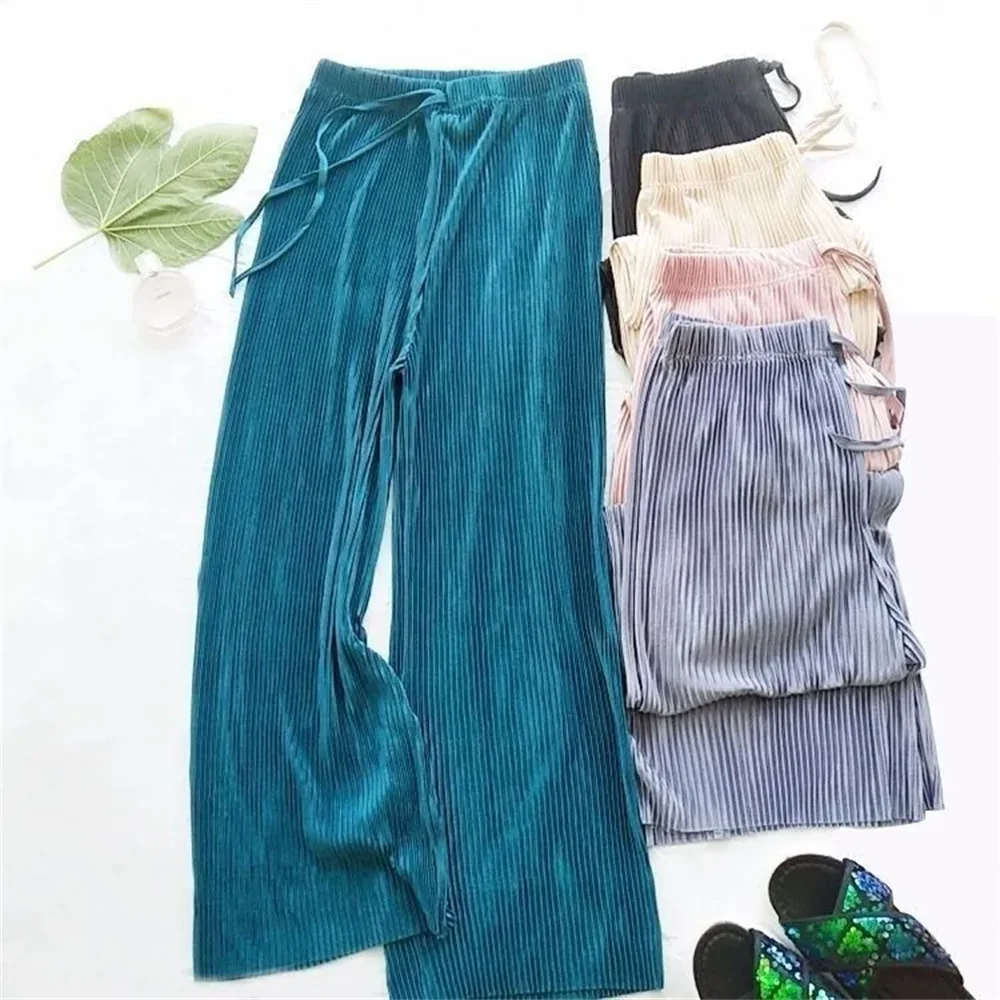 Summer Ice Silk Korean Casual Cropped Pants Women Pleated Loose Wide Leg Trouse Home Classic Sports Wear Girls Clothes Black Top