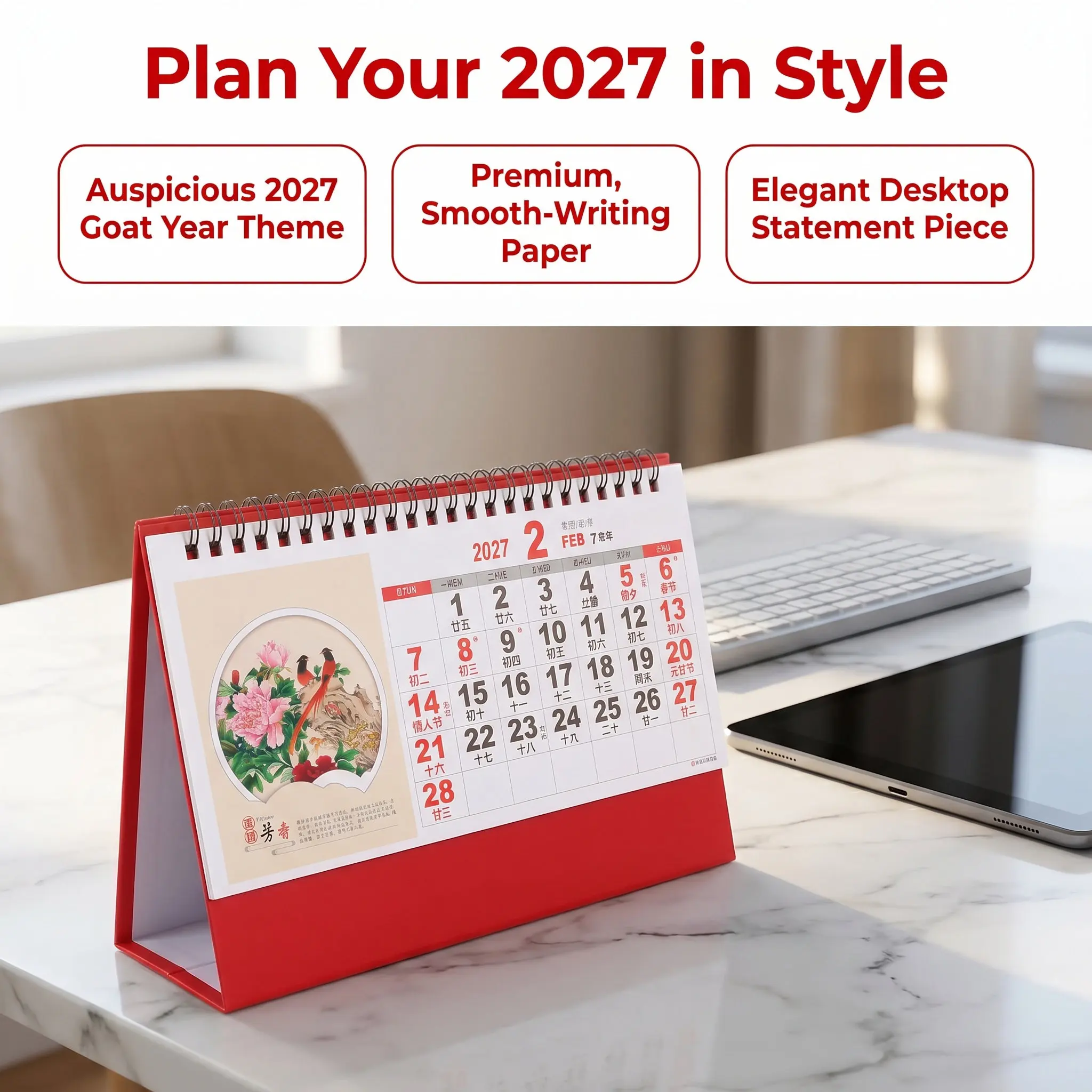 2027 Desktop Calendar Zodiac Year of The Goat Minimalist Lunar Calendar Standup for Office Home School Daily Planner Holiday