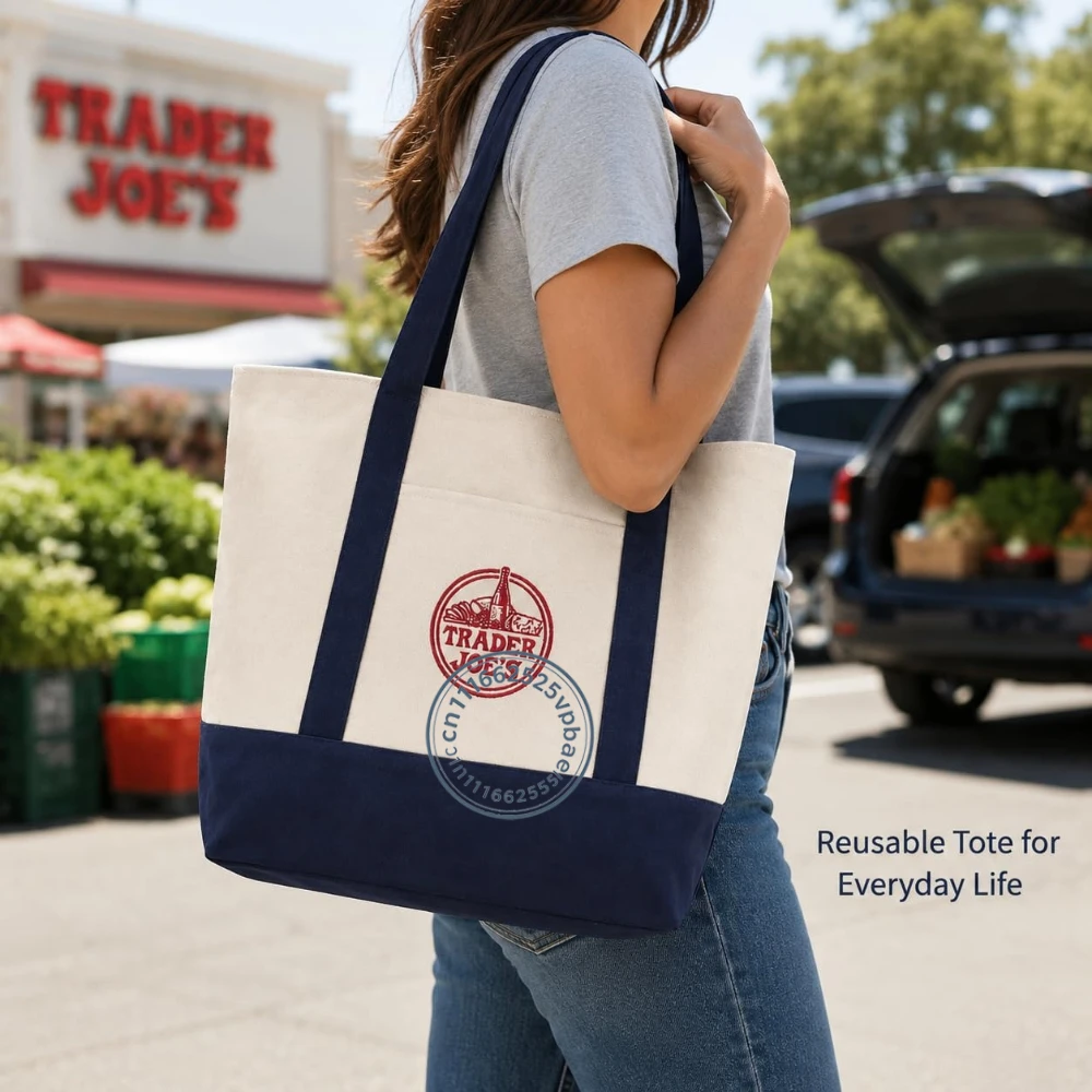 Large Canvas Tote Bag for Trader Joe's, Reusable 12 oz Cotton Tote Bag with Embroidered, Front Pocket & Reinforced Bottom