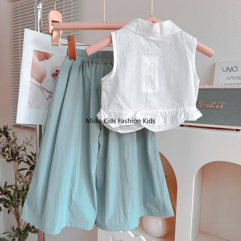 Summer New Fashion Girls 2-Piece Set, Cute Flutter Sleeve Sleeveless Top & Wide Leg Pants with Stylish Design