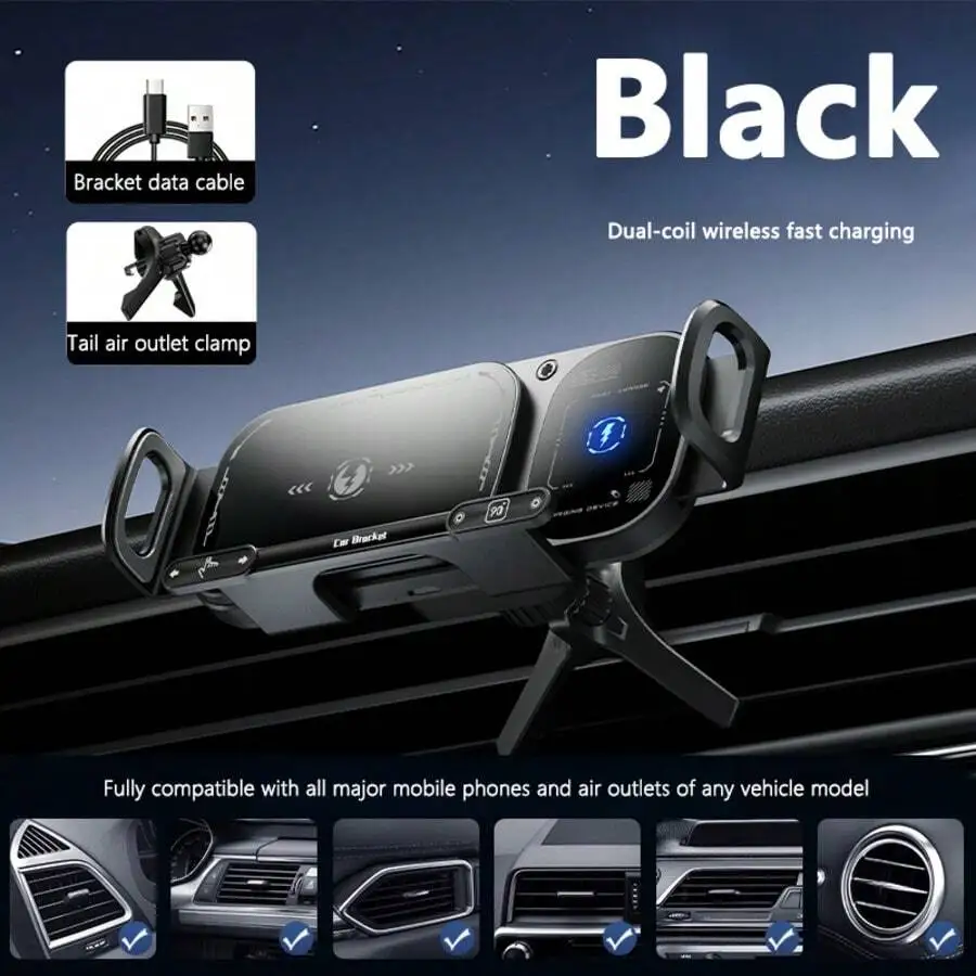 15W Dual-Coil Wireless Car Charger With Auto-Sensing Clamp, Foldable Display, USB Cable, And Dashboard Air Vent Mount