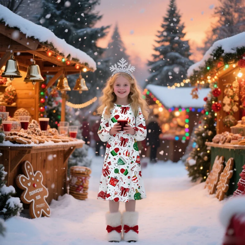 

Best Selling Girls Christmas Long Sleeve Dress - Festive Christmas Prints with Cute Patterns - 2025 Kids Party Dress