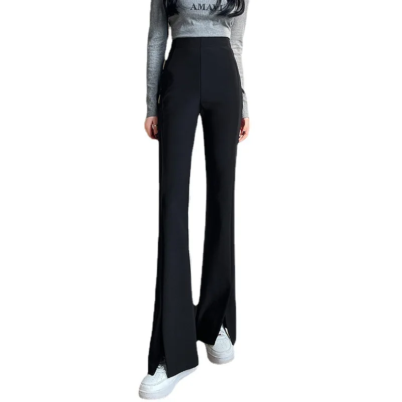 

Black Full Length Trousers With Split Front High Waist Flare Pants S-XL For Office Ladies Women Casual Style Slight Strech