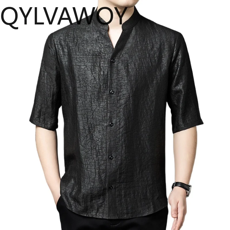 QYLVAWOY 100% Real Mulberry Silk Men's Shirts Vintage Shirt Loose Short Sleeve Shirts for Man Chinese Stand Collar Summer Tops