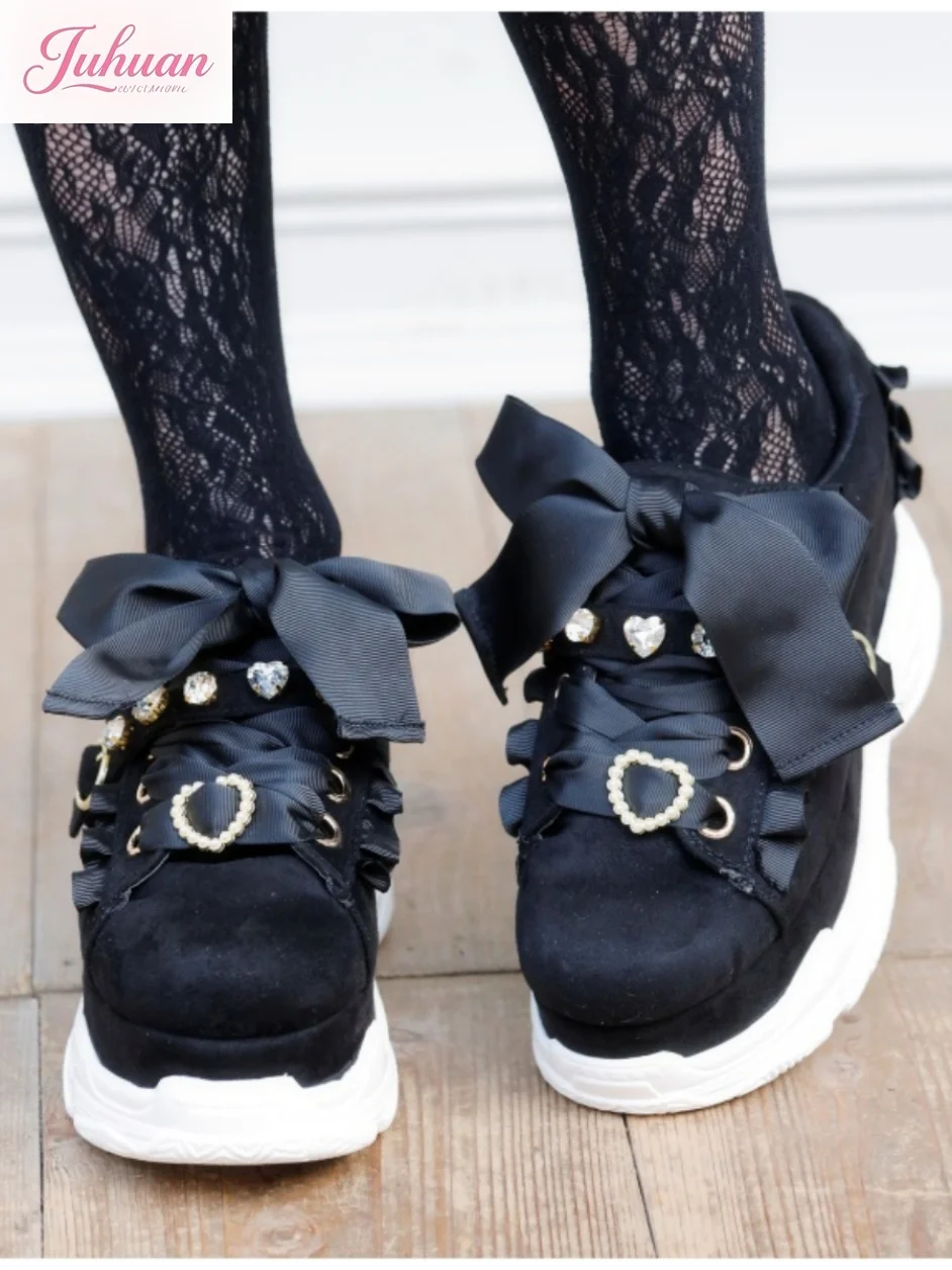 Scarpe da muffin giapponesi Sweet Lolita Love Scarpe da ginnastica con plateau con fiocco in strass Scarpe casual Scarpe da studente da donna Campus Incontri giornalieri