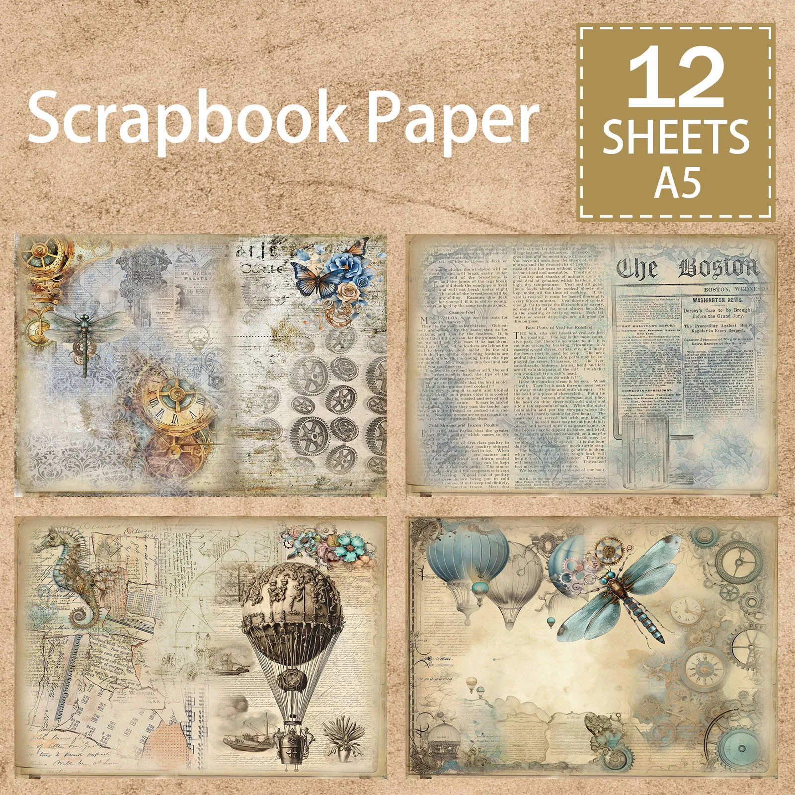 12 Sheets A5 Size Steampunk Airship Made Of Old Newspaper Portrait Background Vintage Grunge Journal Planning Scrapbooking