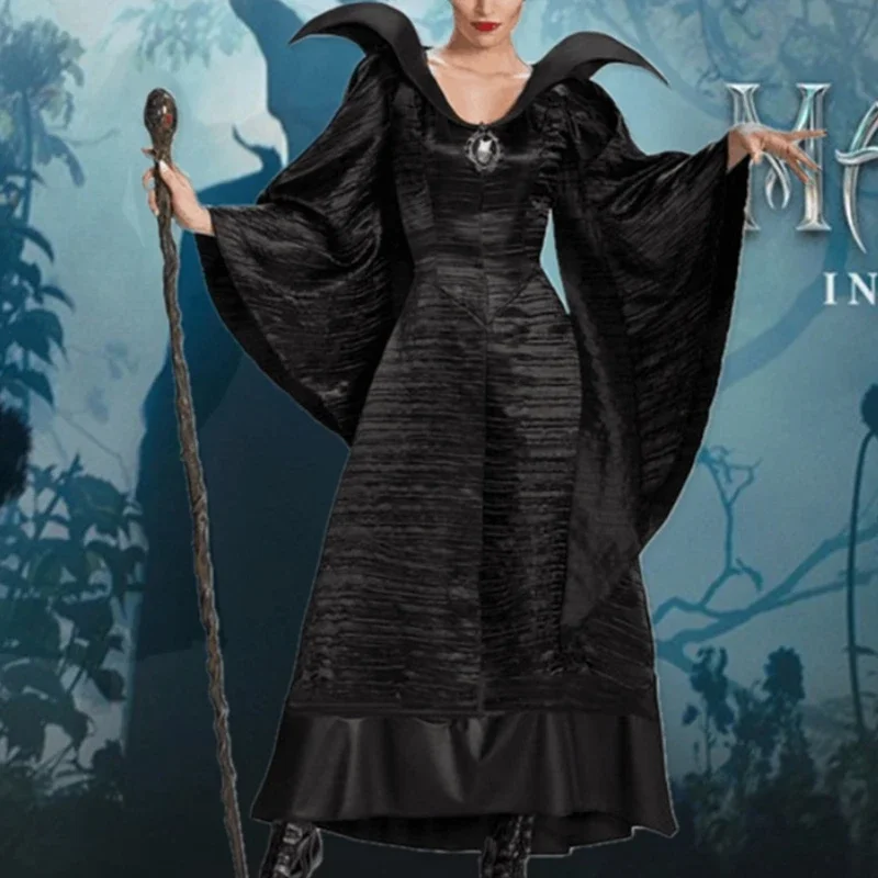 Costume donna Plus Size Halloween Movie Deluxe abito lungo nero Evil Queen Witch Dress Cosplay Party Costume con copricapo in corno