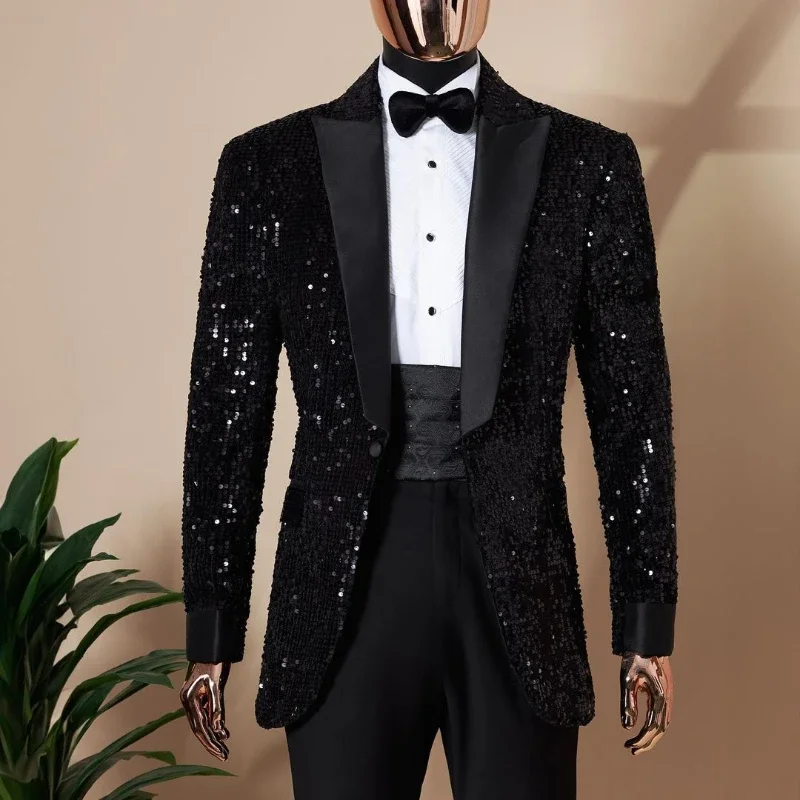 Shining Sequins Men Suits Tuxedo Slim Fit Notched Lapel One Button Blazer with Pants 2 Piece Tailored Groom Wedding Party Jacket