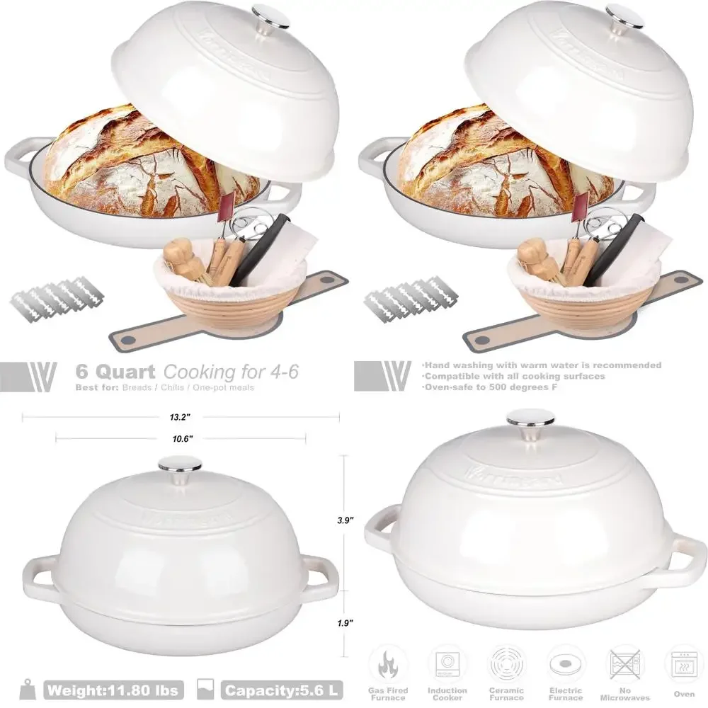 

White 6-Quart Enamel Cast Iron Dutch Oven with Lid, Perfect for Sourdough Bread Baking and Proofing, Includes Bread Basket and B