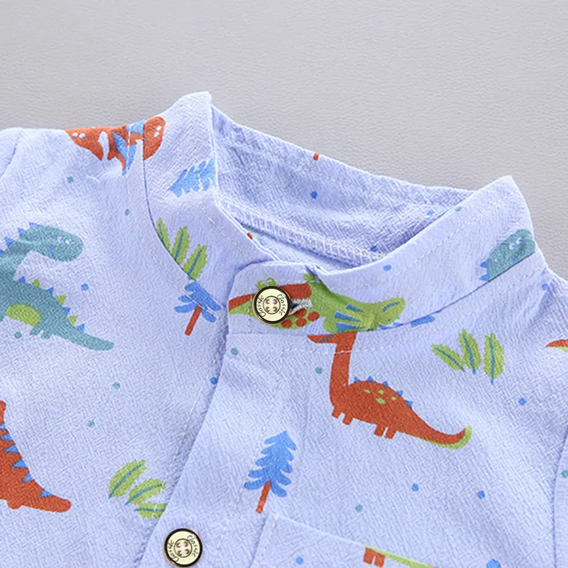 2PCS Children\'s Summer Full Print Cartoon Little Dinosaur Standing Collar Shirt and Shorts Set