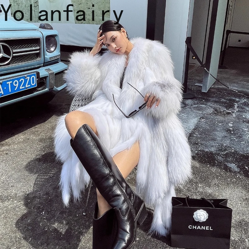 YOLANFAIRY Autumn and Winter Imported fox fur  Thickened street-style woven mid-length fringed fur coat шубаженская 2025