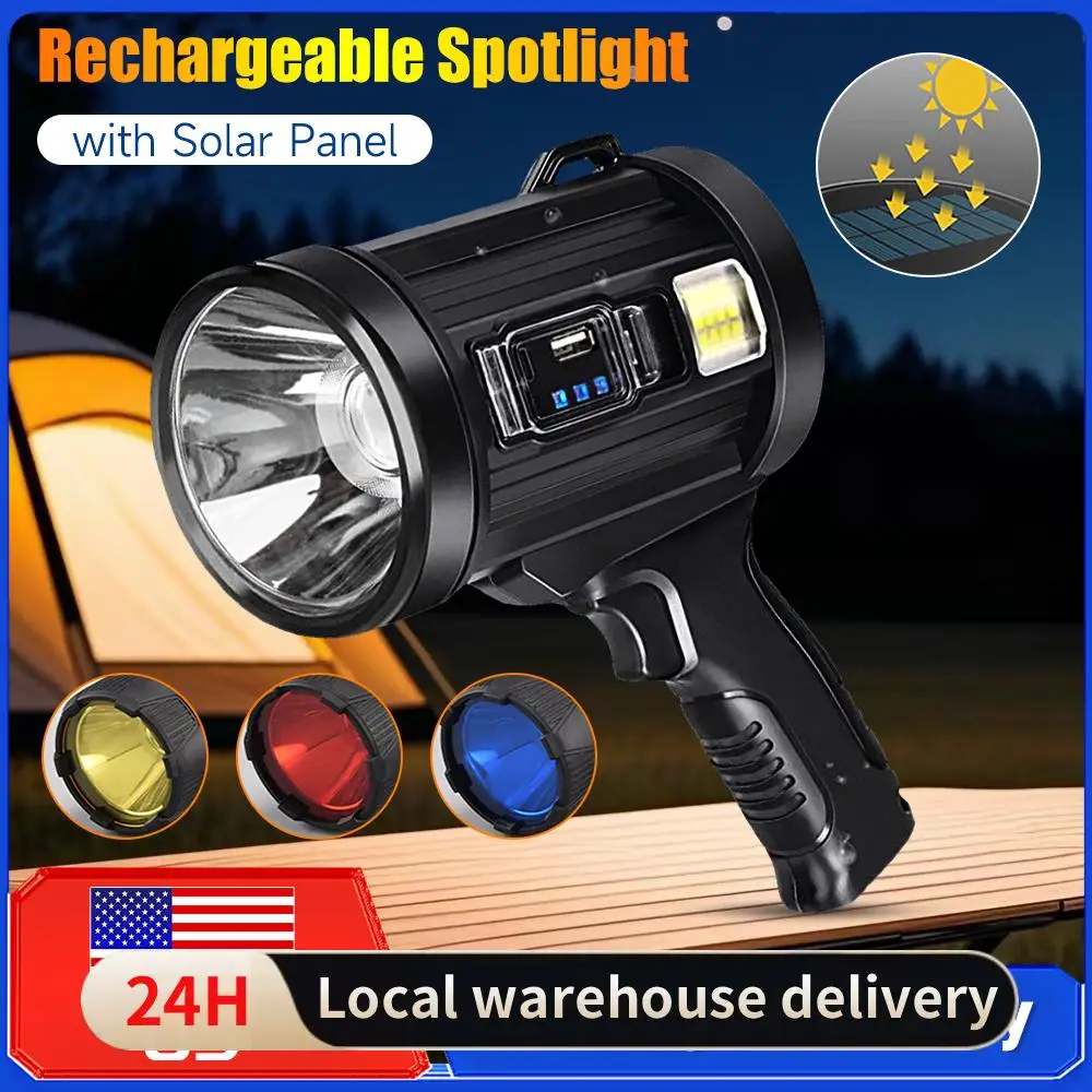 

Super Bright High Lumens LED Spotlight Rechargeable Solar Handheld Flashlight Waterproof Searchlight for Hunting Camping Outdoor