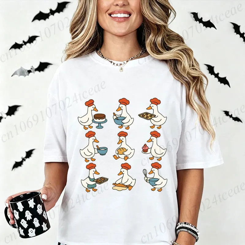 Cute Chef Geese Baking T-shirt for women Funny Cartoon Goose Graphic Tee Casual O Neck Short Sleeve Tops Gift For Baker